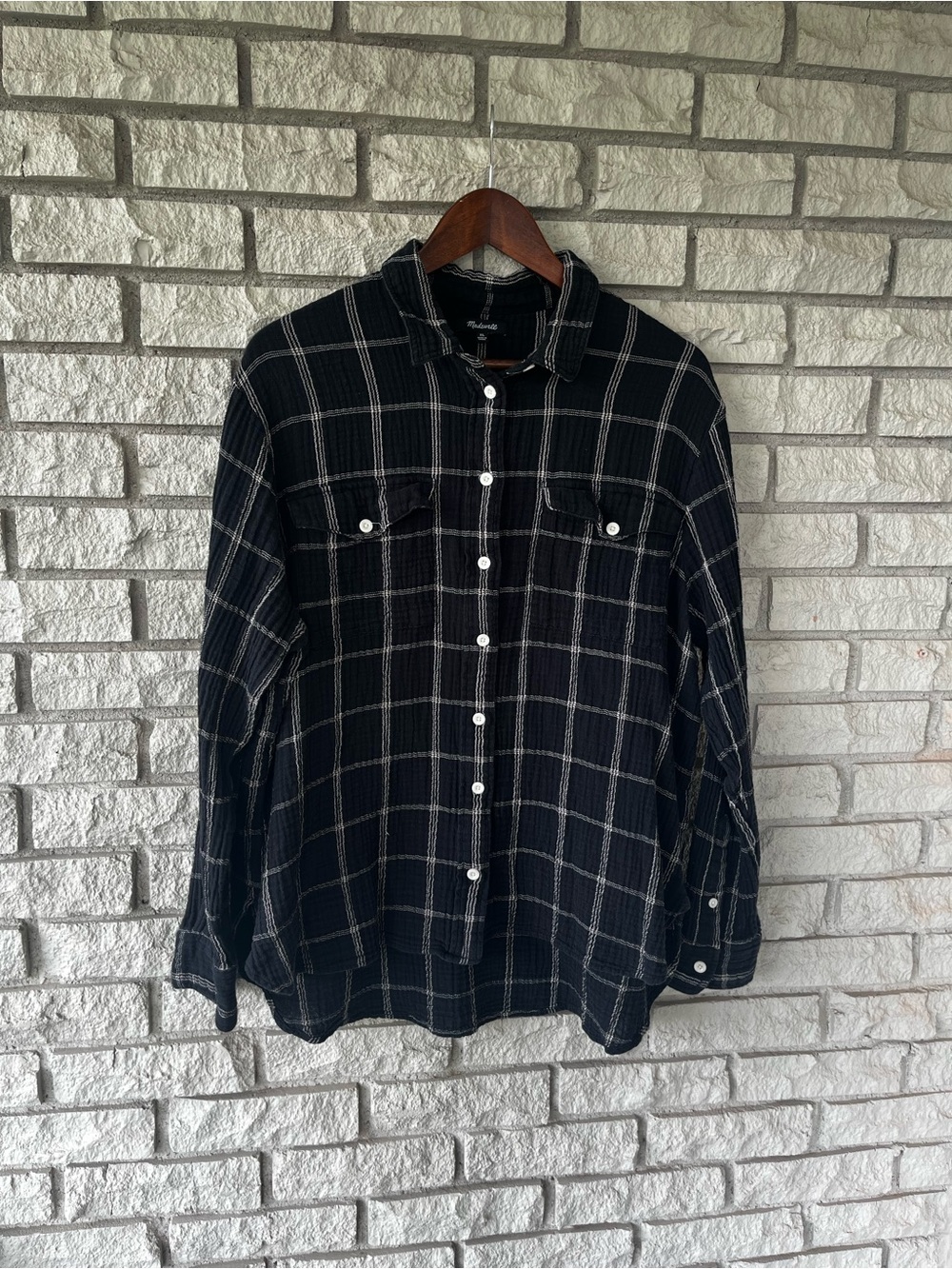 Madewell 100% Cotton Black White Grid Plaid Boyfriend Button Down Size XL